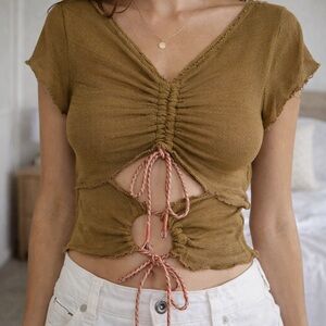 Free People Olive Ruched Tie-Front Crop Top with Pink Drawstrings